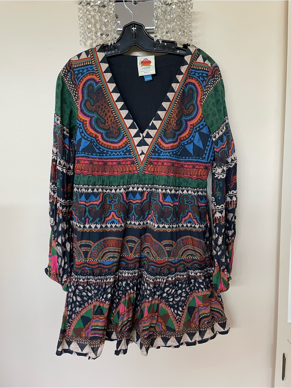 FARM Rio Green & Blue Printed V-Neck Tiered Mini Dress - Picture 2 of 5
